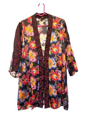 Johnny Was Sidonia Floral Silk Kimono XS Black Multicolor Embroidered 3/4 Sleeve